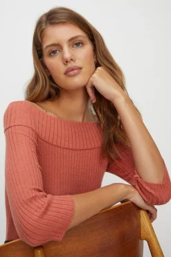 Hot Oasis 3/4 Sleeve Rib Bardot Knit Jumper Coral