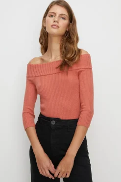 Hot Oasis 3/4 Sleeve Rib Bardot Knit Jumper Coral