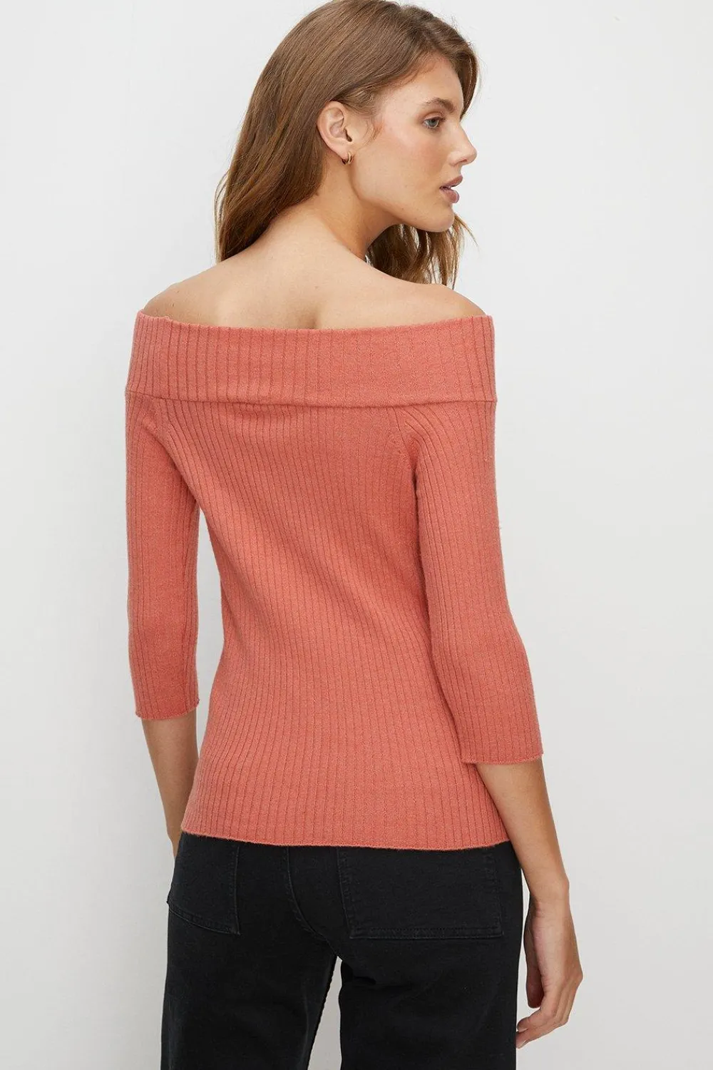 Hot Oasis 3/4 Sleeve Rib Bardot Knit Jumper Coral