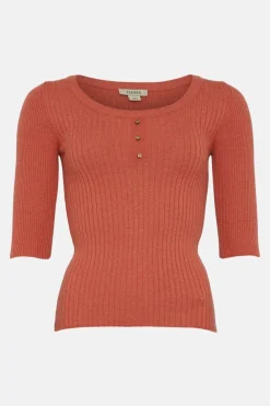 Fashion Oasis 3/4 Sleeve Scoop Neck Rib Knit Jumper Coral