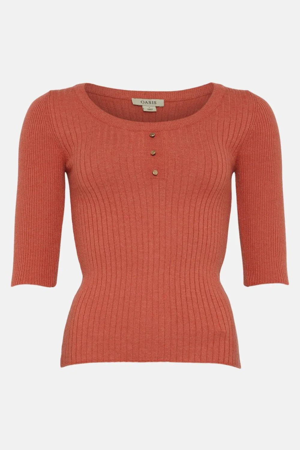 Fashion Oasis 3/4 Sleeve Scoop Neck Rib Knit Jumper Coral