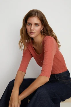 Fashion Oasis 3/4 Sleeve Scoop Neck Rib Knit Jumper Coral