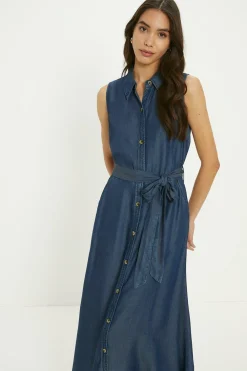 Hot Oasis Sleeveless Midi Shirt Dress Dark Wash