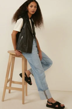 Fashion Oasis Sleeveless Real Leather Biker Jacket Black