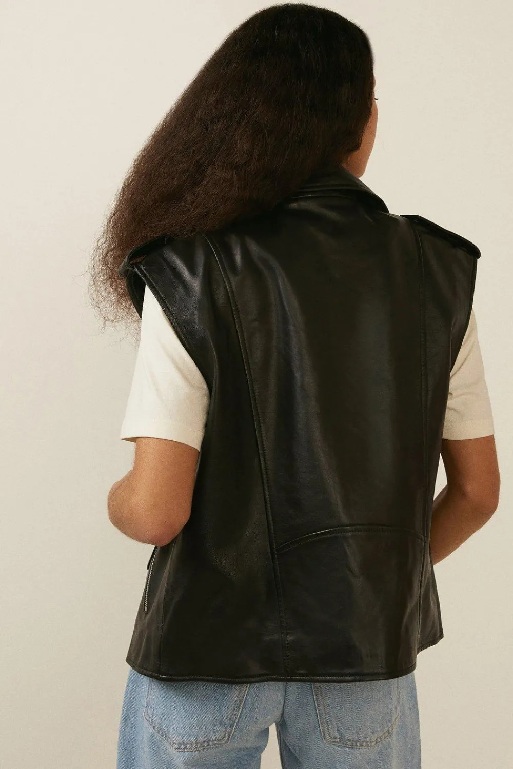 Fashion Oasis Sleeveless Real Leather Biker Jacket Black