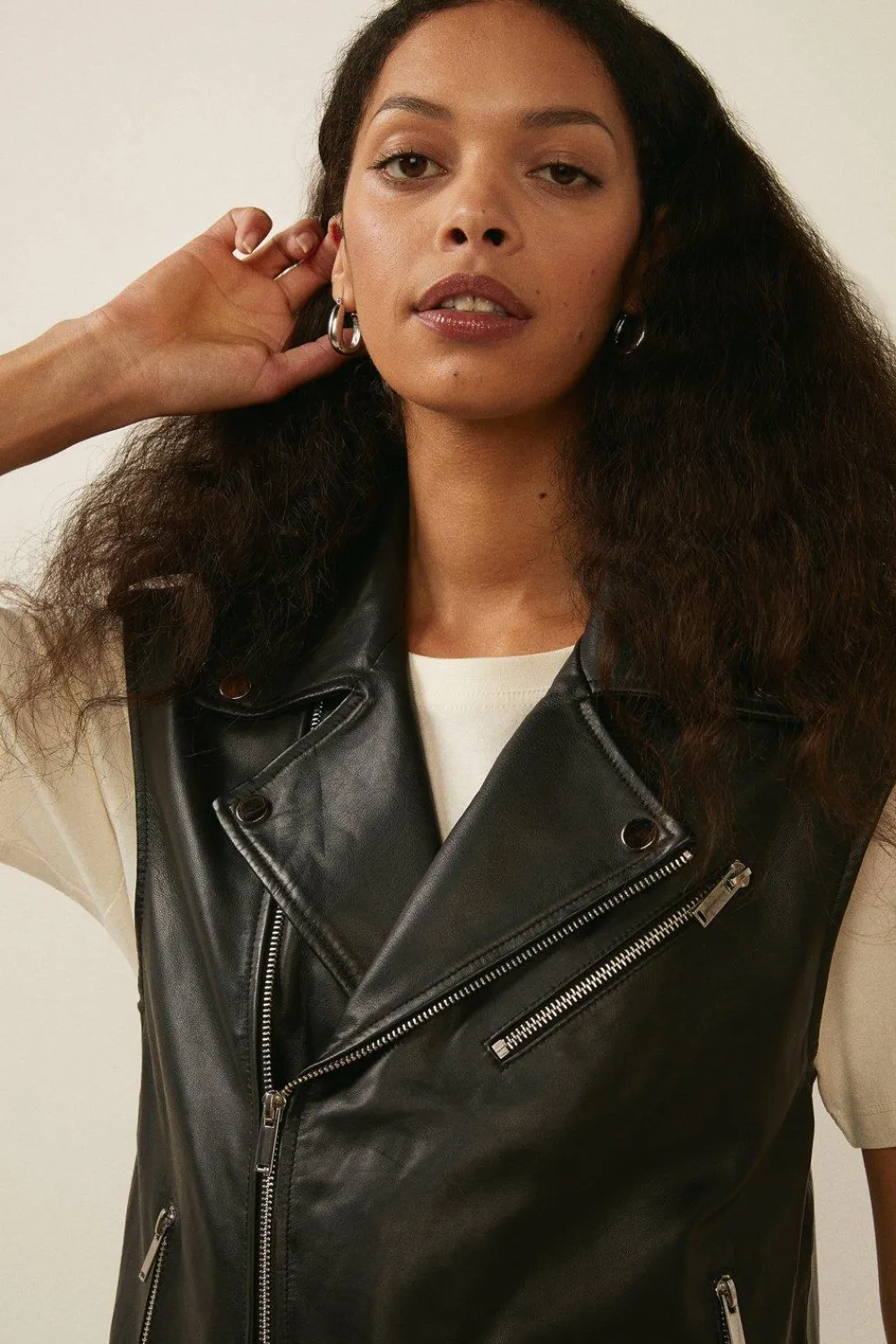 Fashion Oasis Sleeveless Real Leather Biker Jacket Black