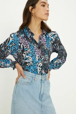 Best Oasis Slinky Animal Floral Long Sleeve Shirred Cuff Shirt Blue