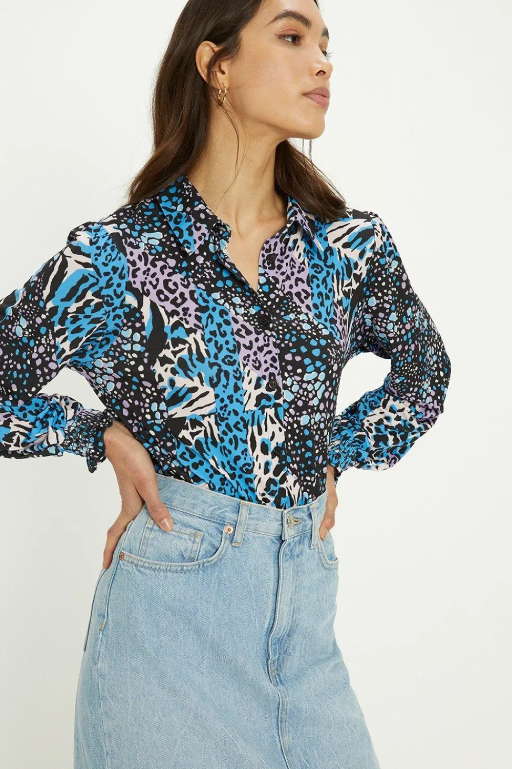 Best Oasis Slinky Animal Floral Long Sleeve Shirred Cuff Shirt Blue