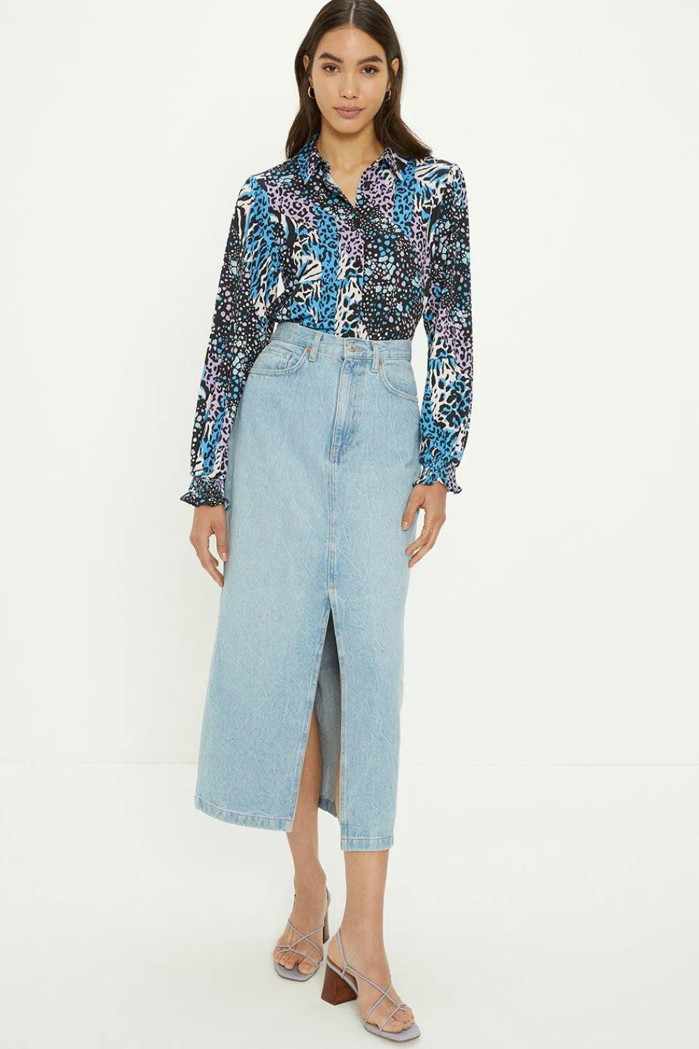 Best Oasis Slinky Animal Floral Long Sleeve Shirred Cuff Shirt Blue