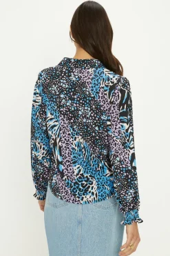 Best Oasis Slinky Animal Floral Long Sleeve Shirred Cuff Shirt Blue