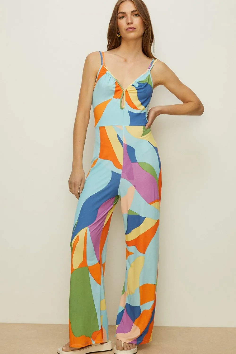 Hot Oasis Slinky Floral Keyhole Front Tie Back Jumpsuit Multi