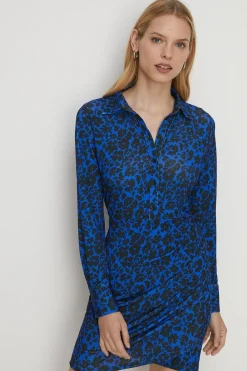 Online Oasis Slinky Floral Mock Wrap Shirt Mini Dress Blue