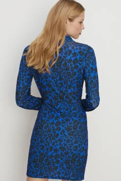 Online Oasis Slinky Floral Mock Wrap Shirt Mini Dress Blue