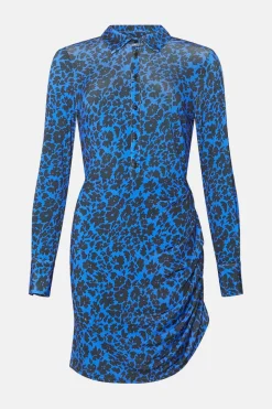 Online Oasis Slinky Floral Mock Wrap Shirt Mini Dress Blue