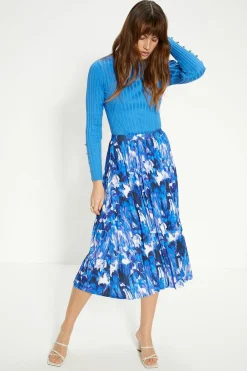 Clearance Oasis Slinky Jersey Abstract Pleated Midi Skirt Blue