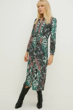 Fashion Oasis Slinky Jersey Animal Long Sleeve Shirred Cuff Midi Dress Multi