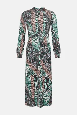 Fashion Oasis Slinky Jersey Animal Long Sleeve Shirred Cuff Midi Dress Multi