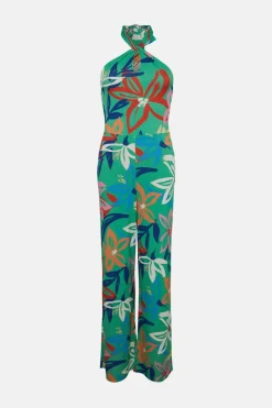 Sale Oasis Slinky Jersey Floral Halterneck Jumpsuit Mustard