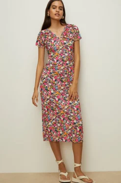 Fashion Oasis Slinky Jersey Floral Keyhole Front Midi Dress Black