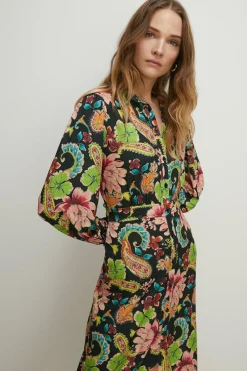Clearance Oasis Slinky Jersey Floral Long Sleeve Shirred Cuff Midi Dress Multi
