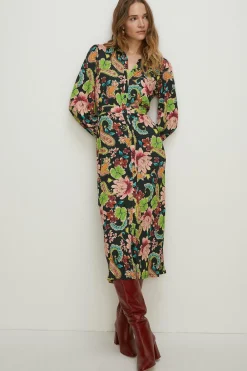 Clearance Oasis Slinky Jersey Floral Long Sleeve Shirred Cuff Midi Dress Multi