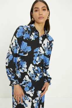 Sale Oasis Slinky Jersey Floral Long Sleeve Shirred Cuff Shirt Multi