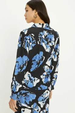 Sale Oasis Slinky Jersey Floral Long Sleeve Shirred Cuff Shirt Multi