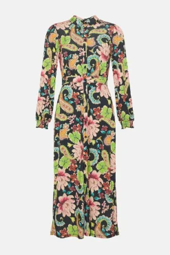 Clearance Oasis Slinky Jersey Floral Long Sleeve Shirred Cuff Midi Dress Multi