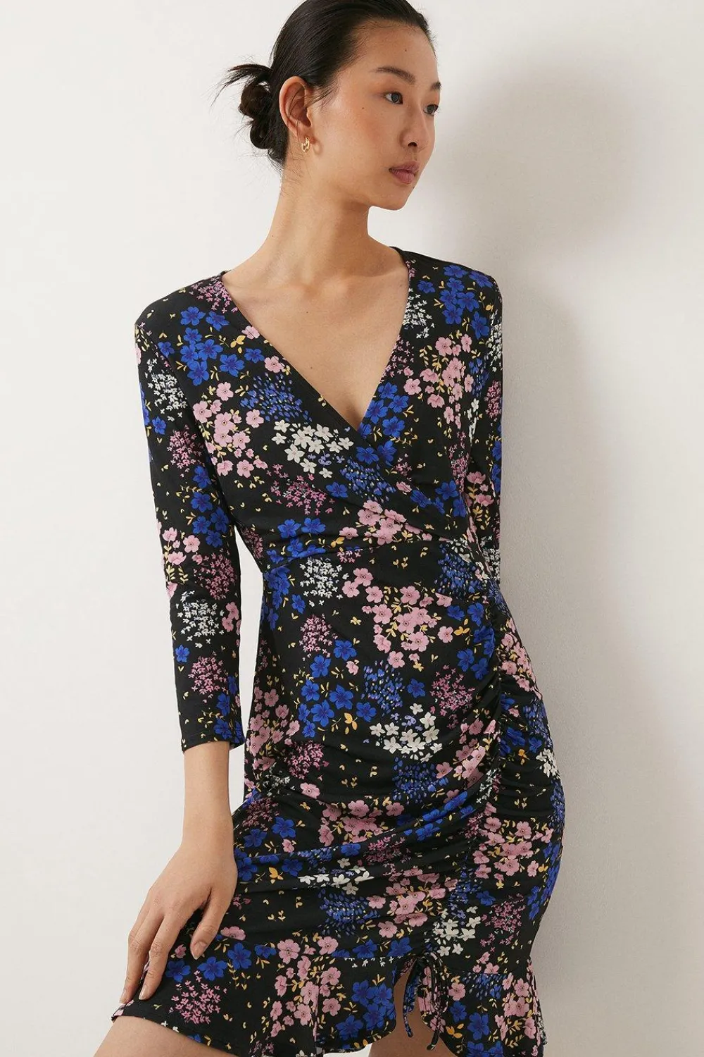 Outlet Oasis Slinky Jersey Floral Printed Wrap Ruched Mini Dress Multi