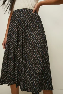 Fashion Oasis Slinky Jersey Floral Printed Pleated Midi Skirt Green