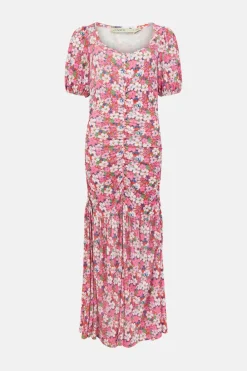 Fashion Oasis Slinky Jersey Floral Print Ruched Front Midi Dress Pink