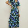 Hot Oasis Slinky Jersey Floral Ruched Front Midi Dress Blue