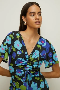 Hot Oasis Slinky Jersey Floral Ruched Front Midi Dress Blue