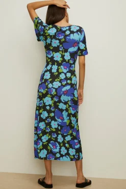 Hot Oasis Slinky Jersey Floral Ruched Front Midi Dress Blue