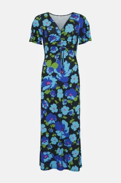 Hot Oasis Slinky Jersey Floral Ruched Front Midi Dress Blue