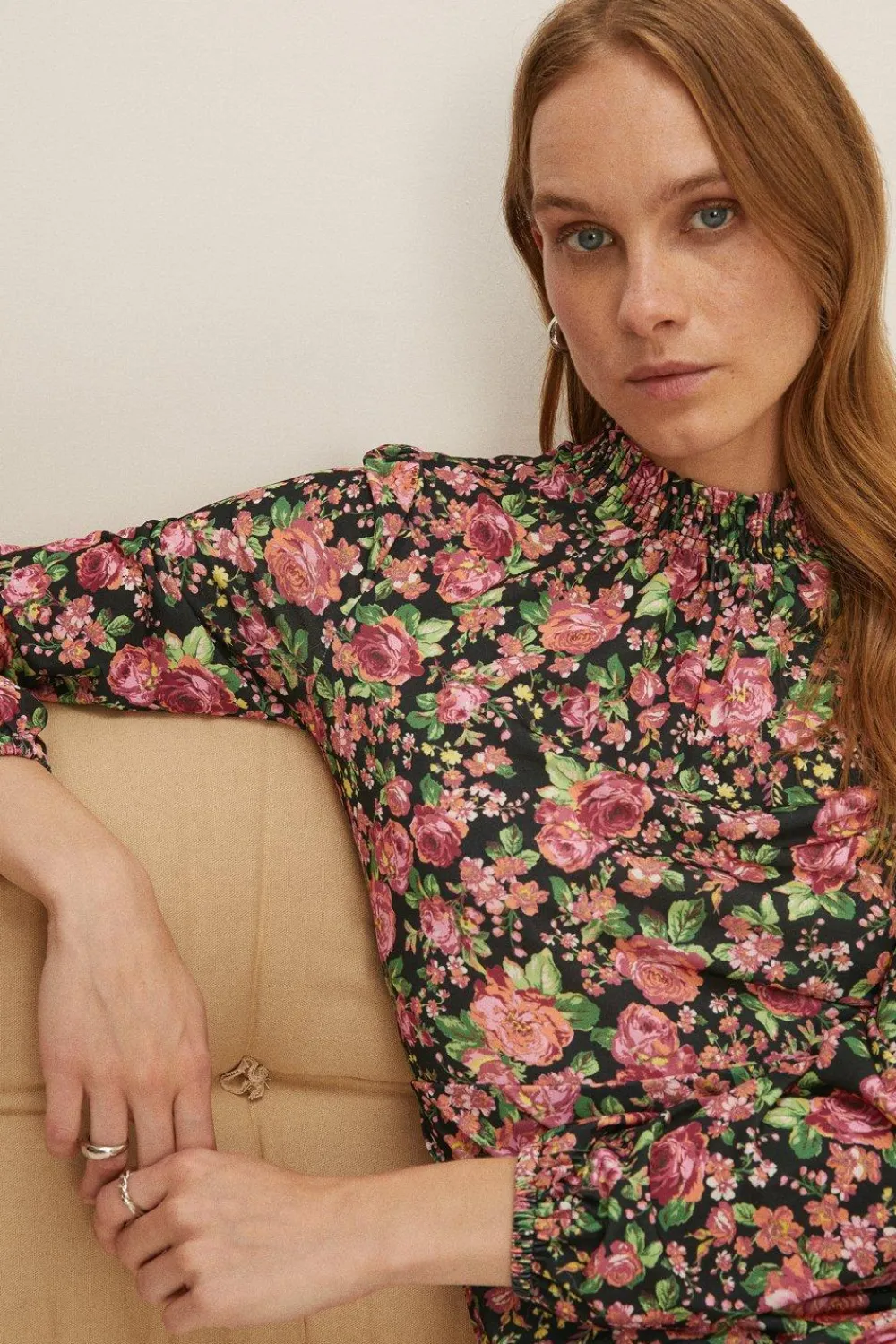 Best Oasis Slinky Jersey Floral Shirred Neck Midi Dress Black