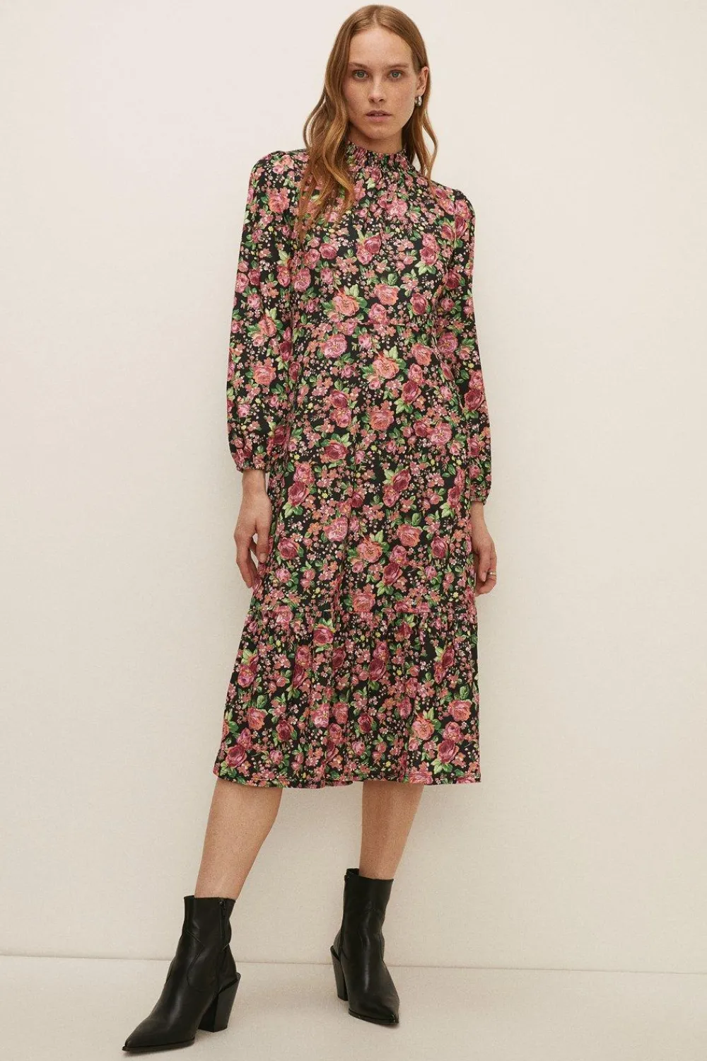 Best Oasis Slinky Jersey Floral Shirred Neck Midi Dress Black