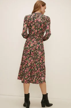 Best Oasis Slinky Jersey Floral Shirred Neck Midi Dress Black