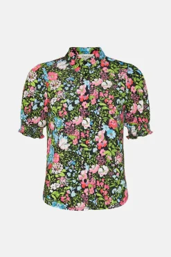 Online Oasis Slinky Jersey Floral Shirred Cuff Shirt Black