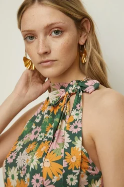 Hot Oasis Slinky Jersey Floral Tie Neck Jumpsuit Green