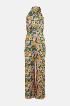 Hot Oasis Slinky Jersey Floral Tie Neck Jumpsuit Green