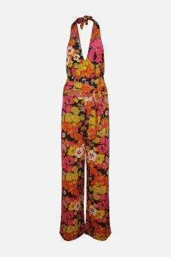 Sale Oasis Slinky Jersey Floral Twist Neck Jumpsuit Pink