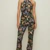 Sale Oasis Slinky Jersey Palm Print Flare Trouser Black