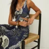 Discount Oasis Slinky Jersey Palm Print Keyhole Cut Out Midi Dress Blue