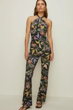 Sale Oasis Slinky Jersey Palm Print Flare Trouser Black