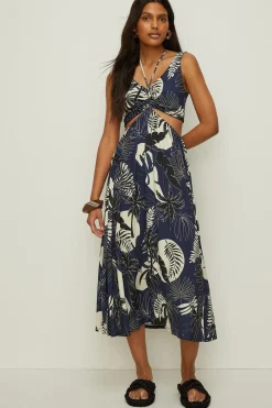 Discount Oasis Slinky Jersey Palm Print Keyhole Cut Out Midi Dress Blue