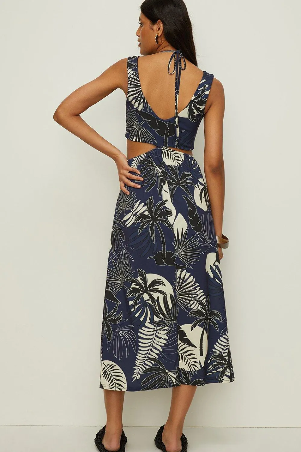 Discount Oasis Slinky Jersey Palm Print Keyhole Cut Out Midi Dress Blue