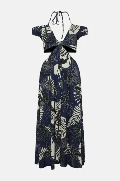 Discount Oasis Slinky Jersey Palm Print Keyhole Cut Out Midi Dress Blue