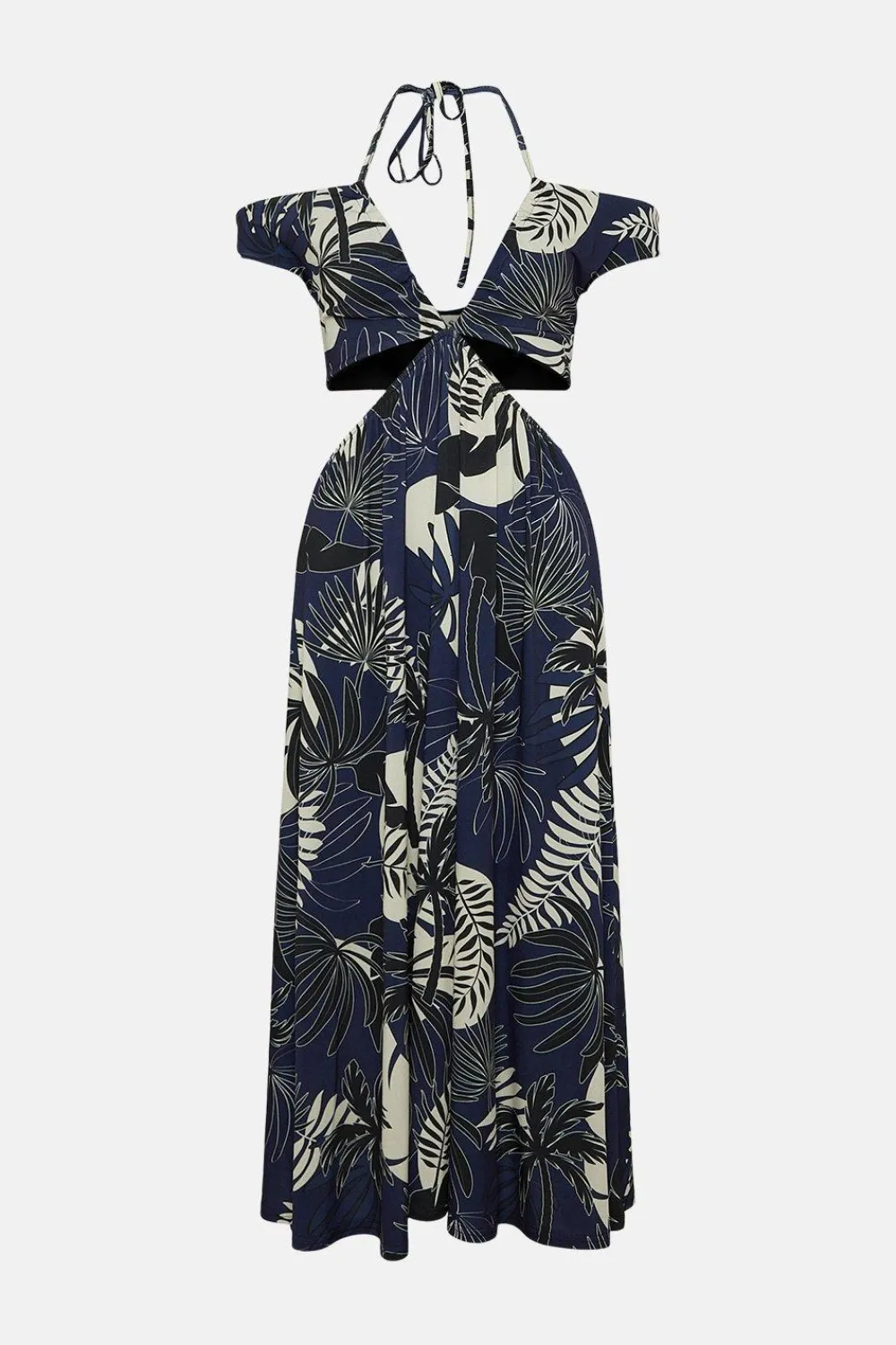 Discount Oasis Slinky Jersey Palm Print Keyhole Cut Out Midi Dress Blue