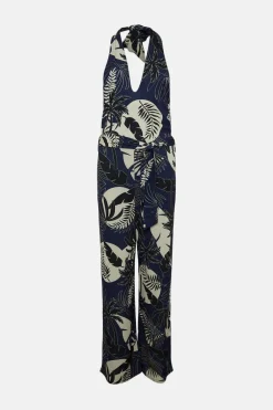 Hot Oasis Slinky Jersey Palm Twist Neck Jumpsuit Blue